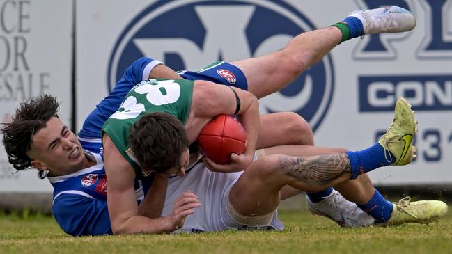 East Sunbury’s Kane Vanroosmalen and Sunbury Kangaroos’ Brody Watts. Picture: Andy Brownbill