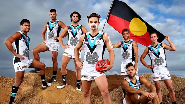 Impey, bottom right, with Port Adelaide’s Indigenous players in 2016. Picture: Sarah Reed