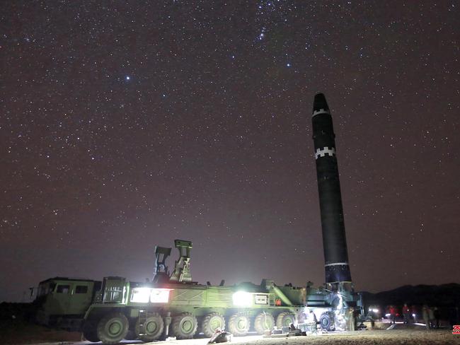 North Korea’s new nine-axle transporter vehicle, from which it erects the missile. Picture: AFP/Korean Central News Agency/Korea News Service