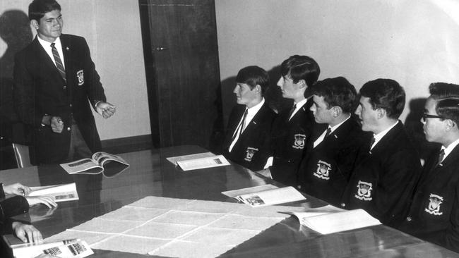 Pat Dodson <span id="U722507389558tLC">as school captain speaking to other students at Monivae College, Hamilton, in rural Victoria</span> in 1967. Picture: Peter Kennedy