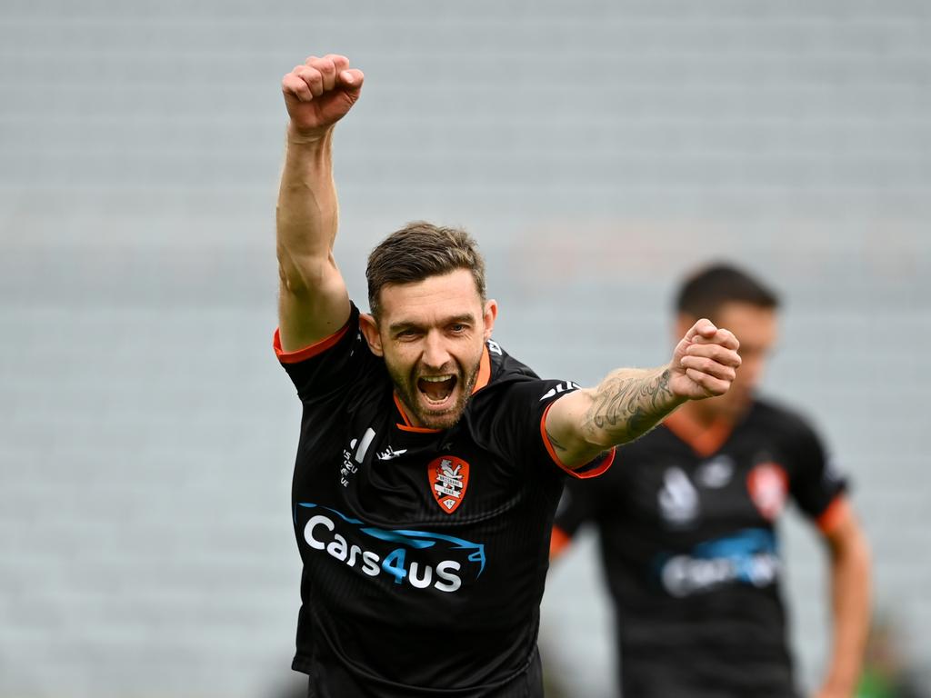 Brisbane Roar midfielder Jay O'Shea celebrates after scoring for the sixth game in succession. Picture: Hannah Peters/Getty Images