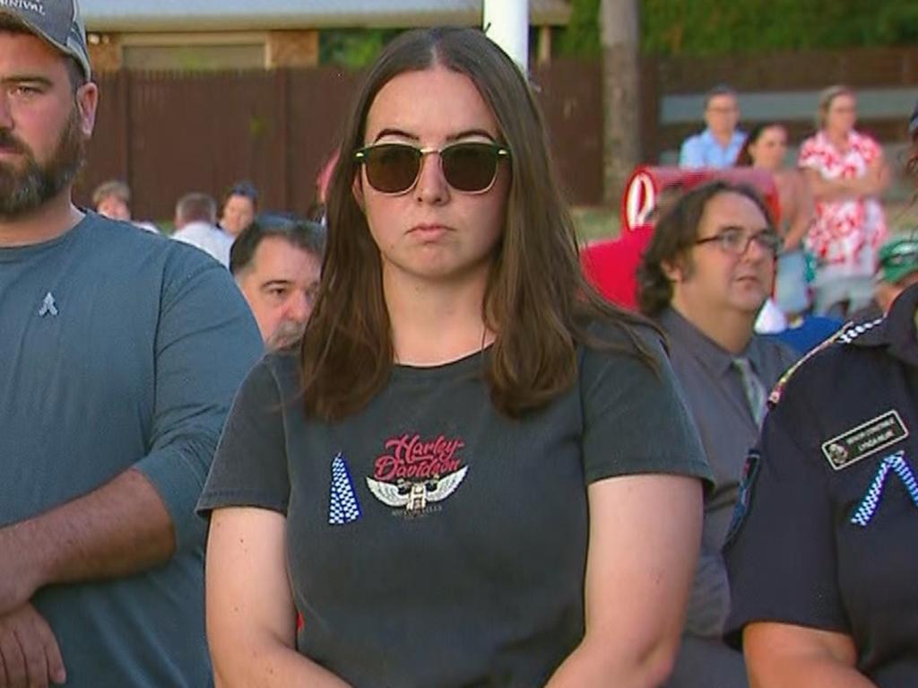 Constable Keely Brough at a candlelight vigil service in the nearby town of Chinchilla days after the massacre. Picture: Nine News