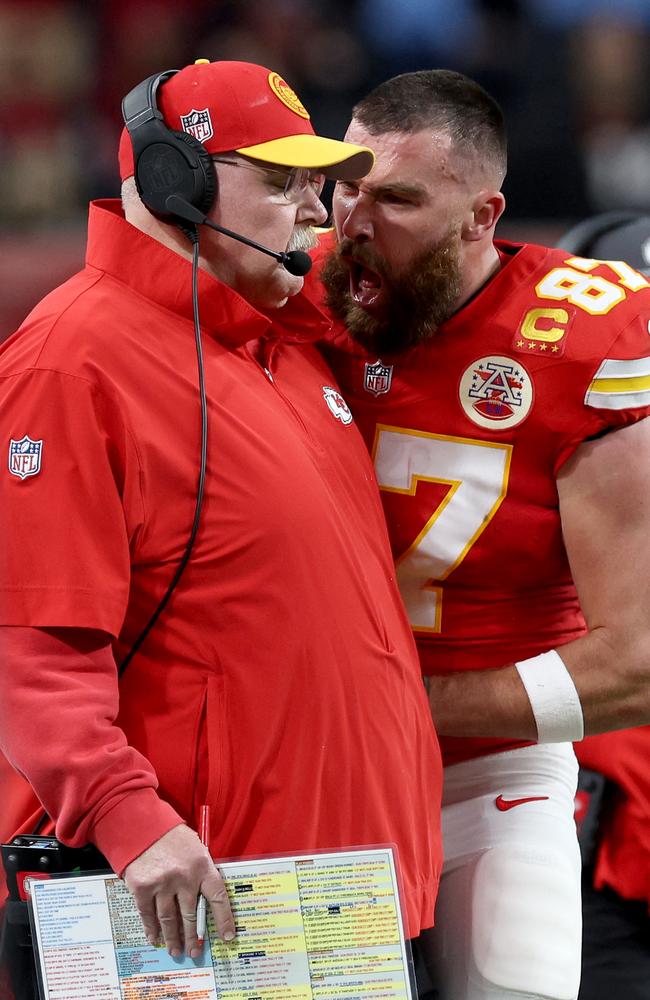 Travis Kelce screams at Andy Reid. (Photo by Jamie Squire/Getty Images)