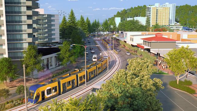 Updated artist impression of Gold Coast Light Rail Stage 3 between Broadbeach and Burleigh Heads. Picture: Supplied