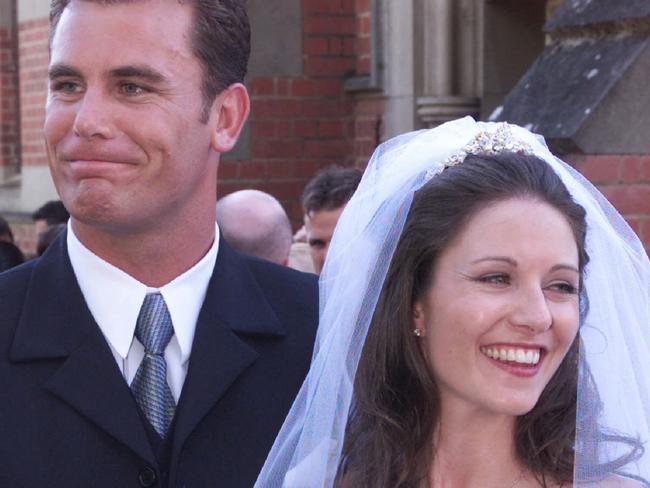 Wayne Carey and ex-wife Sally on their wedding day in Wagga Wagga in January 2001.