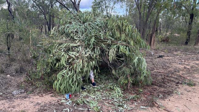 The tiny shelter they made out of leaves and branches while stranded at night with their dogs, Charlie and Daisy.