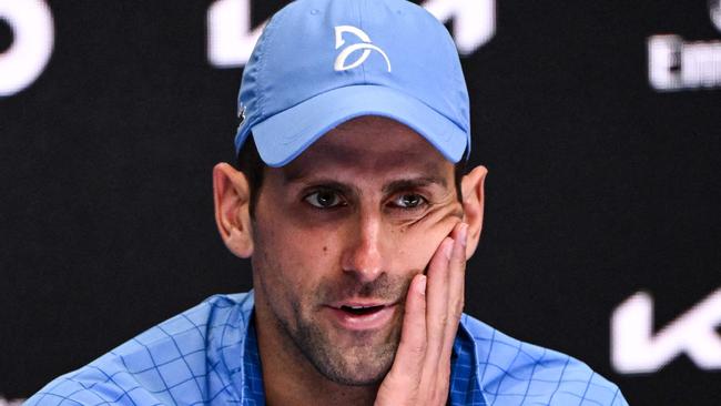 Serbia's Novak Djokovic gives a press conference after his victory against Tommy Paul of the US after their men's singles semi-final match on day twelve of the Australian Open tennis tournament in Melbourne on January 27, 2023. (Photo by WILLIAM WEST / AFP) / -- IMAGE RESTRICTED TO EDITORIAL USE - STRICTLY NO COMMERCIAL USE --