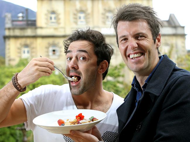 chefs Andy Allen, left, and Ben Milbourne celebrating the second series of TV show Ben's Menu