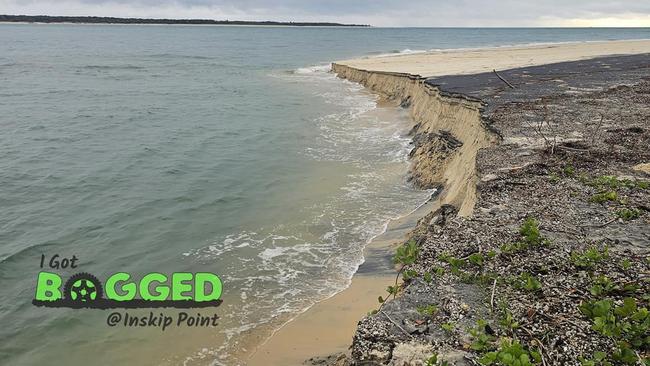 Images of a new sinkhole which opened up at Inskip Point, on Thursday June 8, 2023, as captured by the I Got Bogged at Inskip Facebook page.