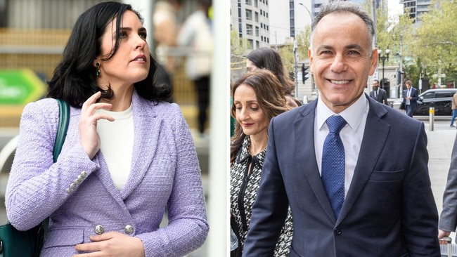 Moira Deeming and John Pesutto outside court in Melbourne on Monday. Pictures: Andrew Henshaw/NewsWire and Jake Nowakowski