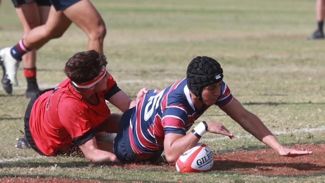 TSS no. 15 Dion Smuela scores a try as Gregory Terrace v The Southport School at St Joseph's College Playing Field, Tennyson, Saturday August 31, 2019. (AAP/Image Sarah Marshall)