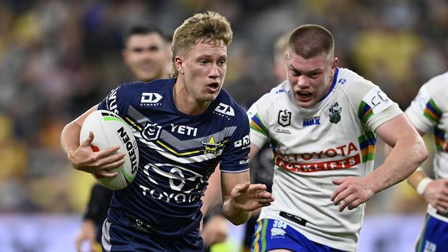 Jaxon Purdue runs the ball during the round 24 NRL match between North Queensland Cowboys and Canberra Raiders. (Photo by Ian Hitchcock/Getty Images)