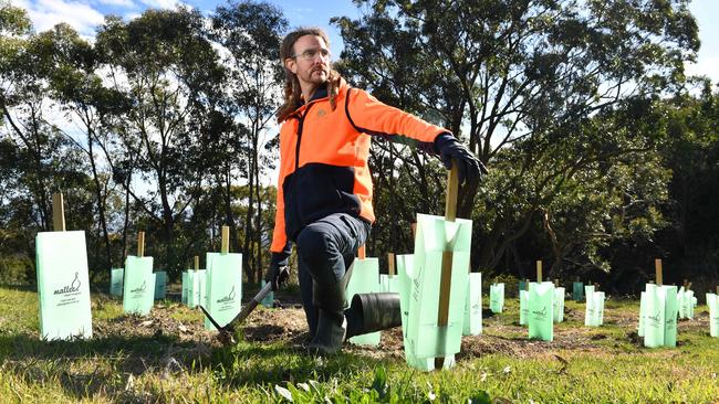 TreesForLife conservation field officer Phil Goodwin spraying weeds and checking on freshly planted native vegetation in the Cleland Conservation Park. Picture: Keryn Stevens