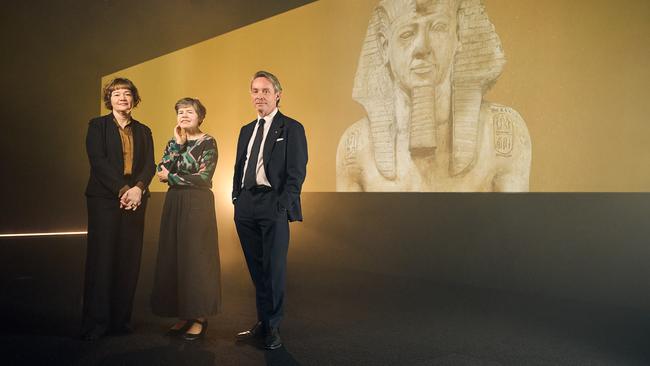 Tony Ellwood AM, Director, NGV, Amanda Dunsmore and Dr Miranda Wallace, NGV Senior Curators, at the announcement of the 2024 Melbourne Winter Masterpieces exhibition Pharaoh on display from 14 June – 6 October 2024 at NGV International, Melbourne. Picture: Eugene Hyland