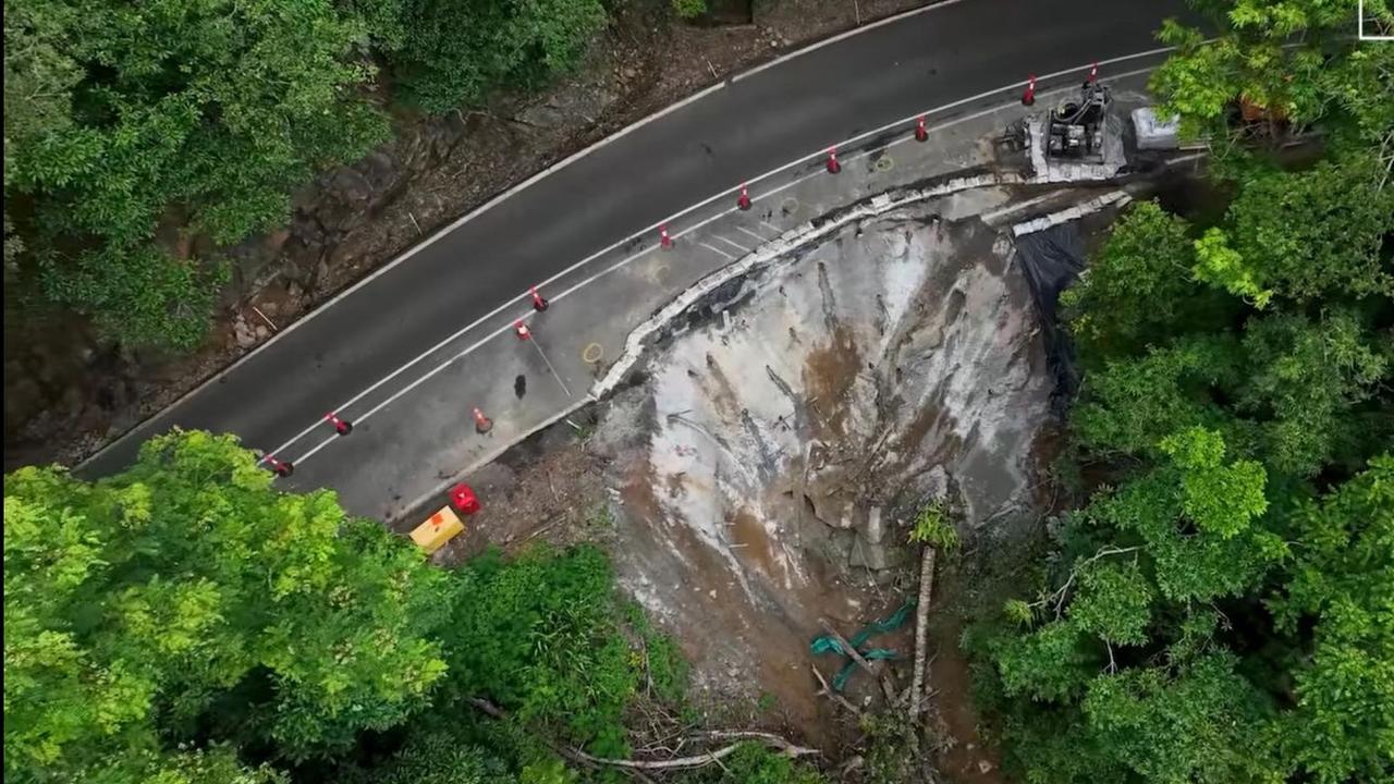 An aerial view of the damaged Kuranda Range Rd caused by heavy rain bought by ex Tropical Cyclone Jasper. Picture: TMR