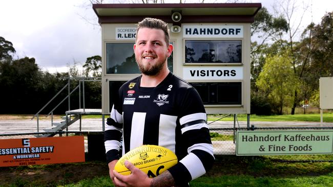 Darcy Hourigan wears a black armband every match for Hahndorf for his brother who died in 2015. Picture: AAP/Mark Brake