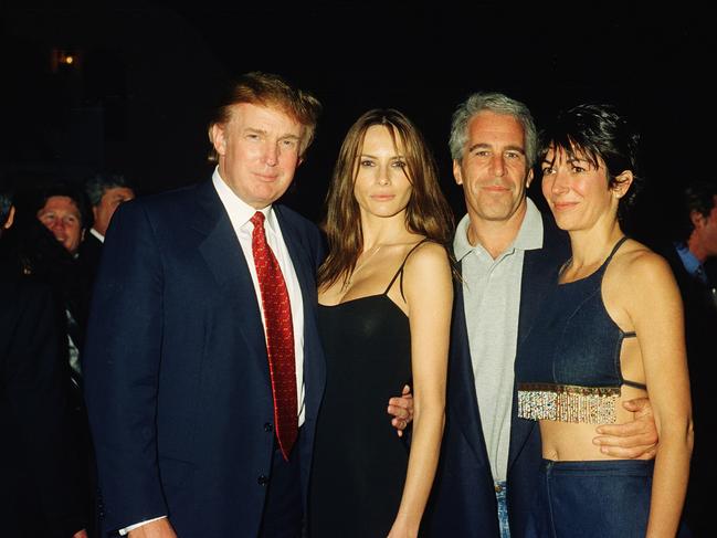 Donald Trump and his girlfriend (and future wife), former model Melania Knauss, Jeffrey Epstein, and Ghislaine Maxwell at the Mar-a-Lago club in Palm Beach, Florida on February 12, 2000. Picture: Davidoff Studios/Getty Images).