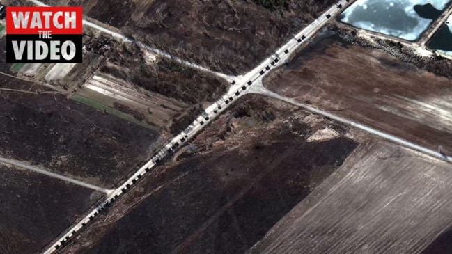 Large military convoy north of Kyiv seen in satellite imagery