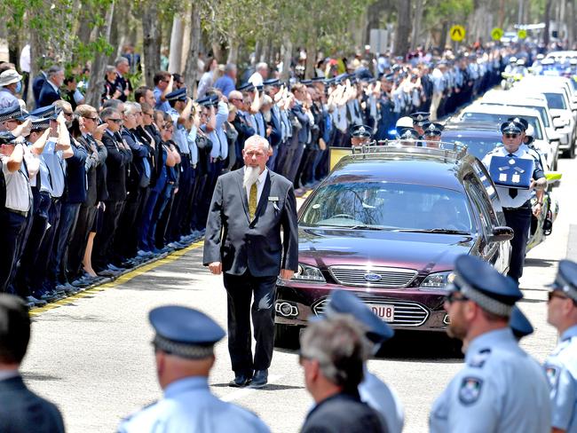 The funeral procession at the memorial service with full police honours for constables Rachel McCrow and Matthew Arnold at Brisbane Entertainment Centre. Picture: John Gass/NCA NewsWire