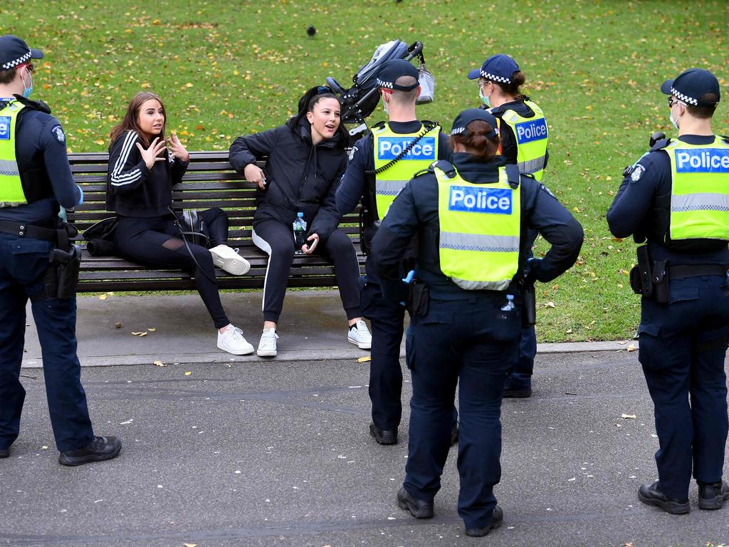 Police speak to anti-vaccination and lockdown protesters in Melbourne. Picture: AFP