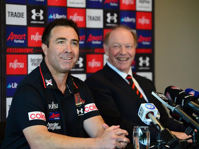 Former Bombers chairman David Barham with coach Brad Scott. Picture: NCA NewsWire / Nicki Connolly