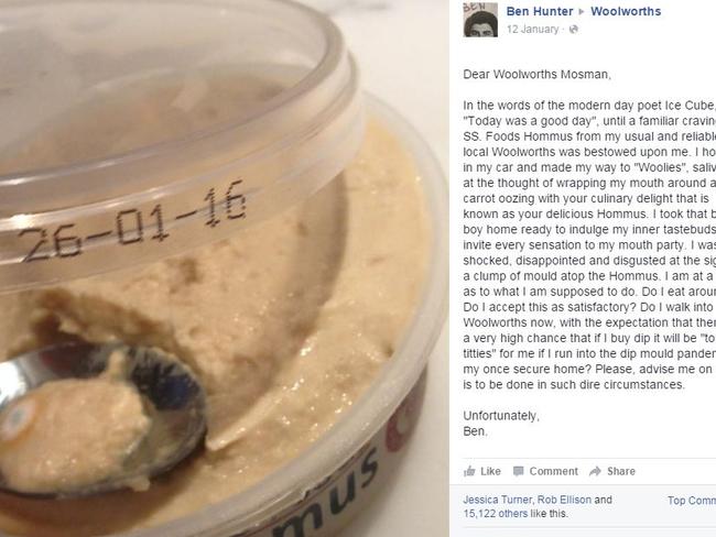 The original post from Ben Hunter about his mouldy hommus. Picture: Facebook/Ben Hunter.