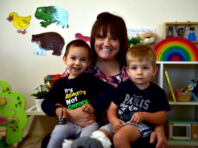 Alysha McNeil from Coolibah Kids Family Day Care with Adrian Argall, 2, and Flynn Carter, 2. Picture: Evan Morgan