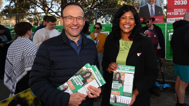 Greens leader Adam Bandt at a booth on election day. Picture: Getty