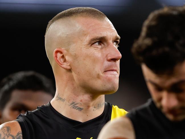 MELBOURNE, AUSTRALIA - MARCH 14: Dustin Martin of the Tigers looks dejected after a loss during the 2024 AFL Round 01 match between the Carlton Blues and the Richmond Tigers at the Melbourne Cricket Ground on March 14, 2024 in Melbourne, Australia. (Photo by Dylan Burns/AFL Photos via Getty Images)