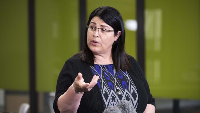 Education Minister Grace Grace addressing media at Fortitude Valley State Secondary School, 585 St Pauls Terrace, Fortitude Valley, Brisbane, 13th of September 2020. (News Corp/Attila Csaszar)