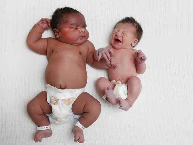 Baby Brian Liddle Junior with Liam Milidoni, also born on Tuesday, but weighing only 2.8kg. Picture: David Caird