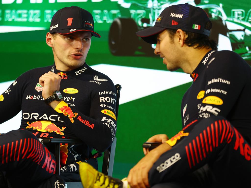 Success cannot paper over the simmering tension between (L-R) Max Verstappen and Sergio Perez. Picture: Getty Images