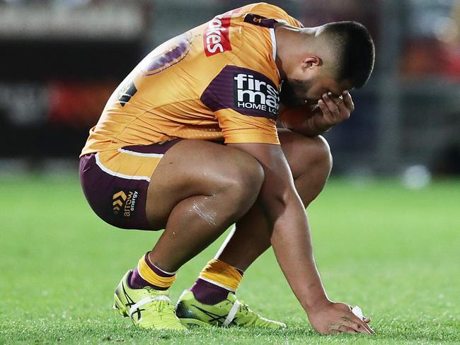 A dejected Payne Haas after the Broncos came up short against the New Zealand Warriors.