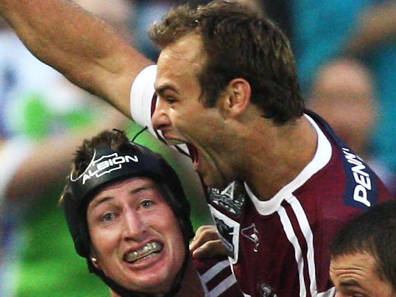 Brett Stewart (C) and Anthony Watmough (R) rejoice with Steve Menzies after he scored a try during the Manly Sea Eagles v Melbourne Storm 2008 NRL Grand Final at ANZ Stadium, Olympic Park, Homebush, Sydney.