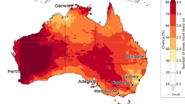 This map shows the chance of daily top temperatures being unusually warm between November and January. Picture: BOM