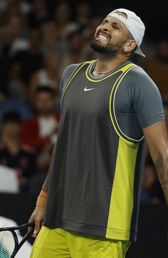 Nick Kyrgios grimaces in pain during his match. Picture: Michael Klein