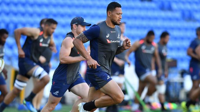 Israel Folau trains at the Gold Coast’s Cbus Super Stadium ahead of Saturday night’s Test against Argentina. Picture: AAP