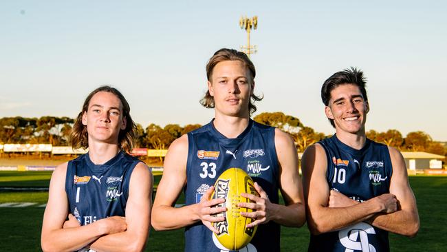 South Adelaide under-18 players Isaac Birt, 17, Arlo Draper, 18, and Dylan Brown, 17, ahead of the Panthers clash against Norwood, which will be live streamed on advertiser.com.au this Saturday. Picture: Morgan Sette