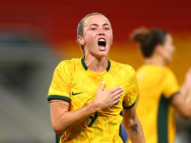 Caitlin Foord celebrates scoring what was the Matildas’ only goal. Picture: Getty Images