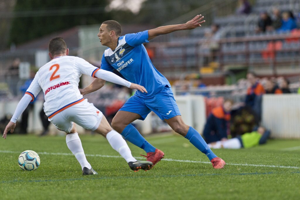 Travis Cooper for South West Queensland Thunder against Lions FC in NPL Queensland men round 22 football at Clive Berghofer Stadium, Saturday, July 28, 2018. Picture: Kevin Farmer