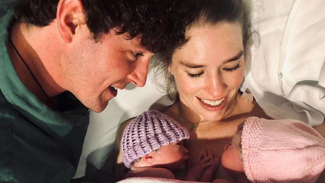 Lachlan Gillespie and partner Dana Stephenson with their new twins Lulu and Lottie. Picture: Instagram