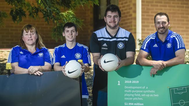 Modbury Vista last year received $500,000 Federal Government grant towards the $6.5 million development of Richardson Reserve. Pictured: Karen Landolfi, Lochie Hyslop, Bradley Landolfi and Stuart Carlisle. Picture: AAP/ROY Vandervegt