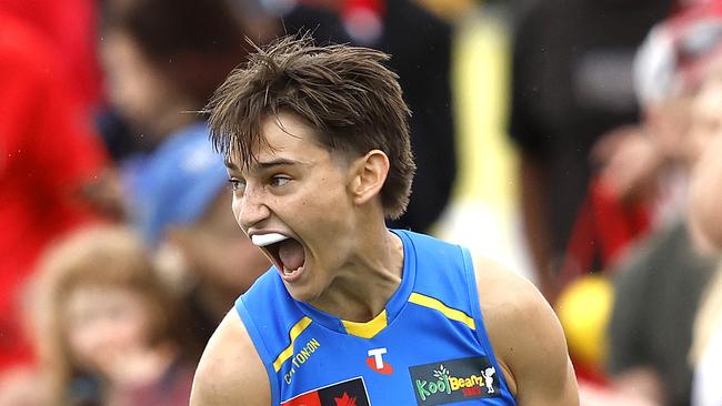 Taya Oliver of the Suns celebrates a goal during the AFLW match between the Sydney Swans and Gold Coast Suns at Henson Park on October 19, 2024. Photo by Phil Hillyard(Image Supplied for Editorial Use only - **NO ON SALES** - Â©Phil Hillyard )