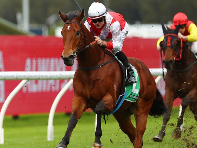 SYDNEY, AUSTRALIA - JUNE 15: Aaron Bullock riding Know Thyself wins Race 3 TAB Highway during Winter Cup Day - Sydney Racing at Rosehill Gardens on June 15, 2024 in Sydney, Australia. (Photo by Jeremy Ng/Getty Images)