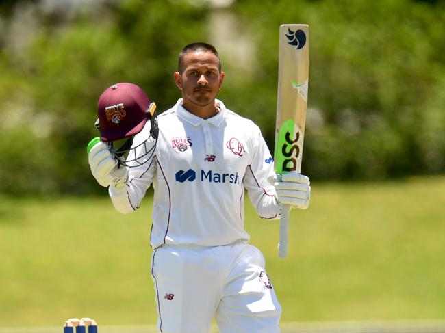 sheffield Shield match between Queensland Bulls and Tasmanian Tigers at Townsville's Riverway Stadium. Queensland's Usman Khawaja celebrates reaching 100. Picture: Evan Morgan