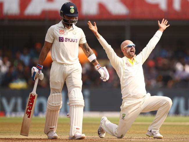 INDORE, INDIA - MARCH 01: Nathan Lyon of Australia appeals unsuccessfully for the wicket of KS Bharat of India during day one of the Third Test match in the series between India and Australia at Holkare Cricket Stadium on March 01, 2023 in Indore, India. (Photo by Robert Cianflone/Getty Images)