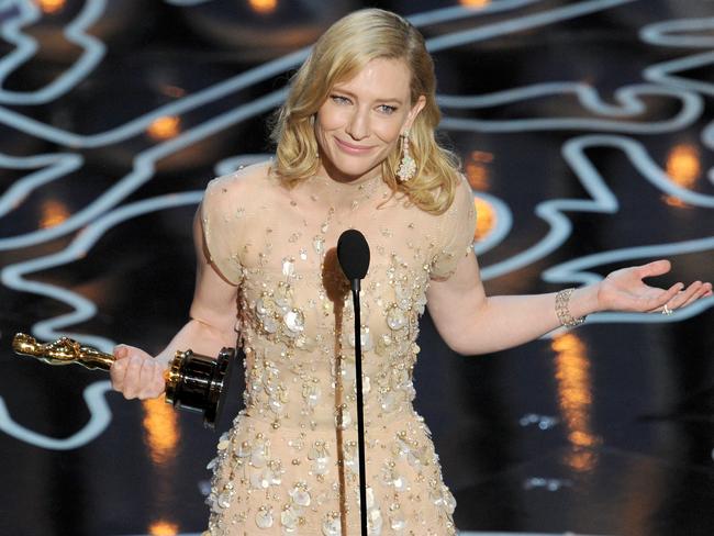 Cate Blanchett accepts the Best Performance by an Actress in a Leading Role award for Blue Jasmine onstage during the Oscars in 2014. Picture: Getty Images