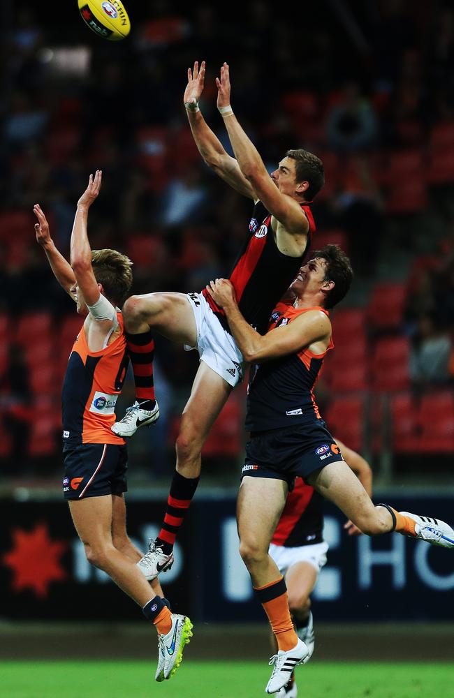 Joe Daniher flies for a mark against GWS. Picture: Toby Zerna