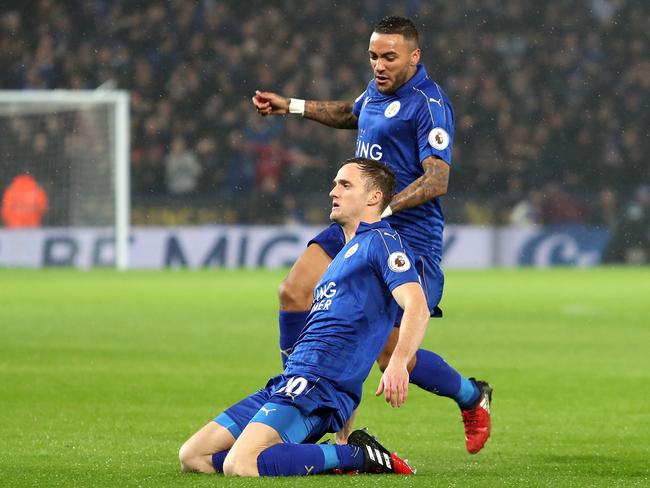 Andy King of Leicester City celebrates scoring.