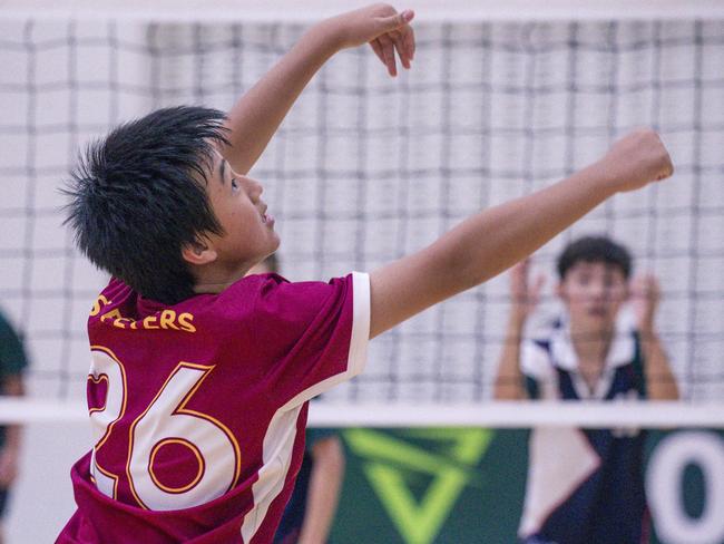Ethan Yang as St Peters V Craigsleigh in the Australian Volleyball Schools Cup is being played at the Gold Coast Sports and Leisure Centre in Carrara. Picture: Glenn Campbell